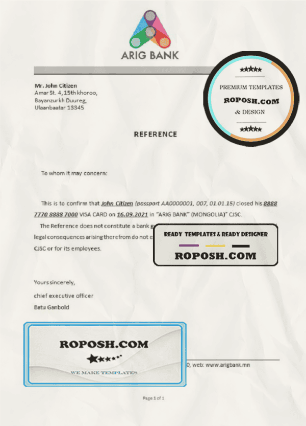 Mongolia Arig Bank bank account closure reference letter template in Word and PDF format