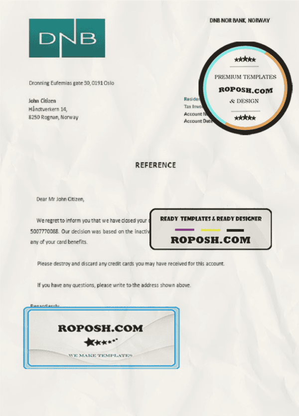 Norway DNB Nor Bank bank account closure reference letter template in Word and PDF format
