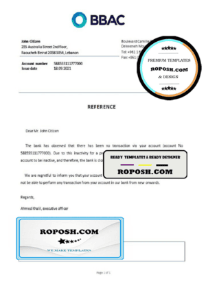 Lebanon Bank of Beirut and the Arab Countries bank account closure reference letter template in Word and PDF format