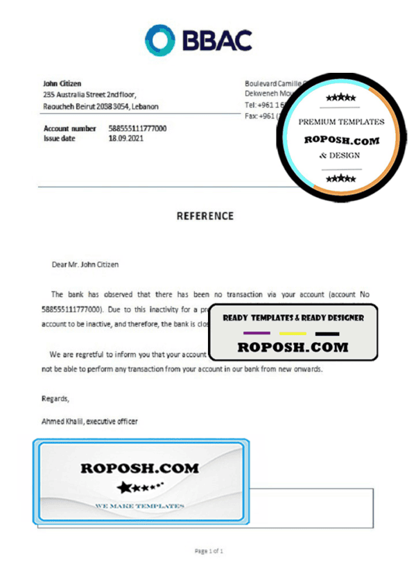 Lebanon Bank of Beirut and the Arab Countries bank account closure reference letter template in Word and PDF format