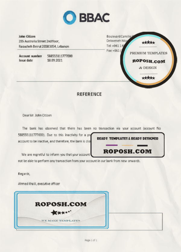 Lebanon Bank of Beirut and the Arab Countries bank account closure reference letter template in Word and PDF format