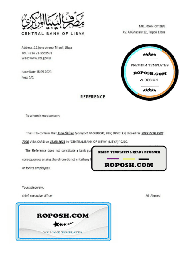 Libya Central Bank of Libya bank account closure reference letter template in Word and PDF format
