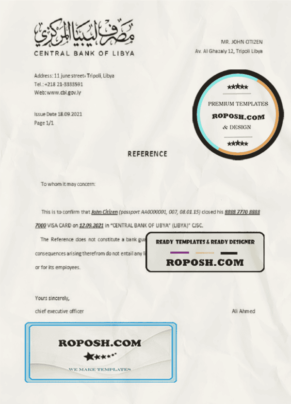 Libya Central Bank of Libya bank account closure reference letter template in Word and PDF format