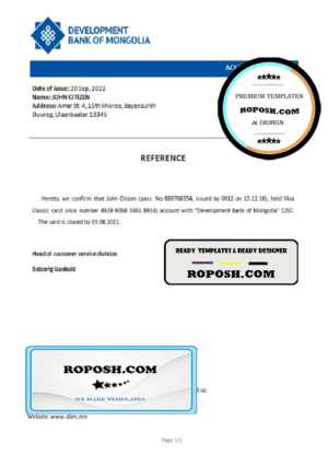 Mongolia Development Bank of Mongolia bank account closure reference letter template in Word and PDF format