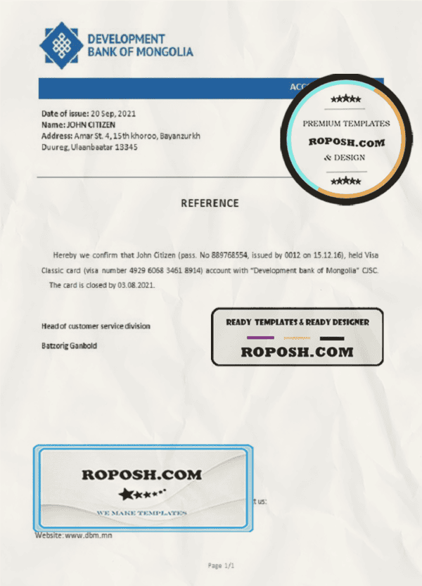 Mongolia Development Bank of Mongolia bank account closure reference letter template in Word and PDF format
