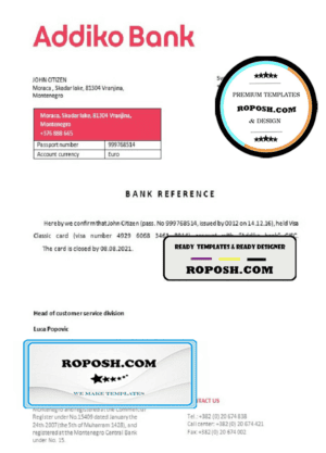 Montenegro Addiko Bank bank account closure reference letter template in Word and PDF format