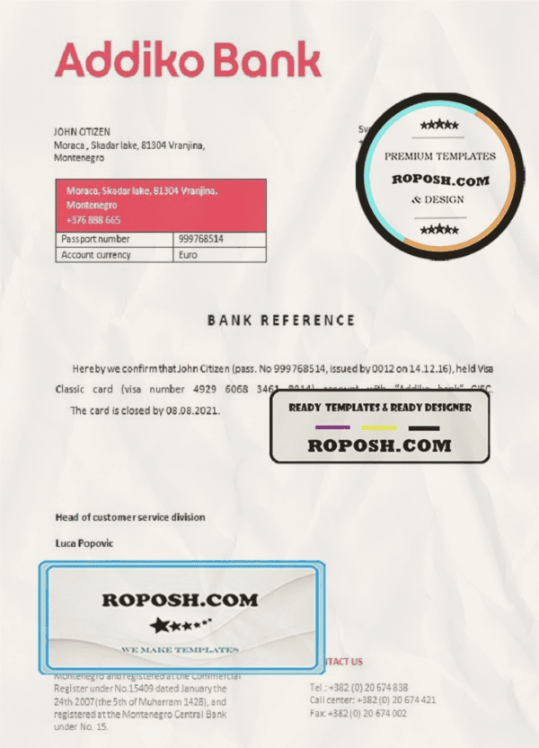Montenegro Addiko Bank bank account closure reference letter template in Word and PDF format