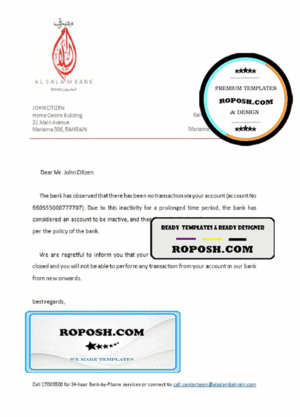 Bahrain Al Salam bank account closure reference letter template in Word and PDF format