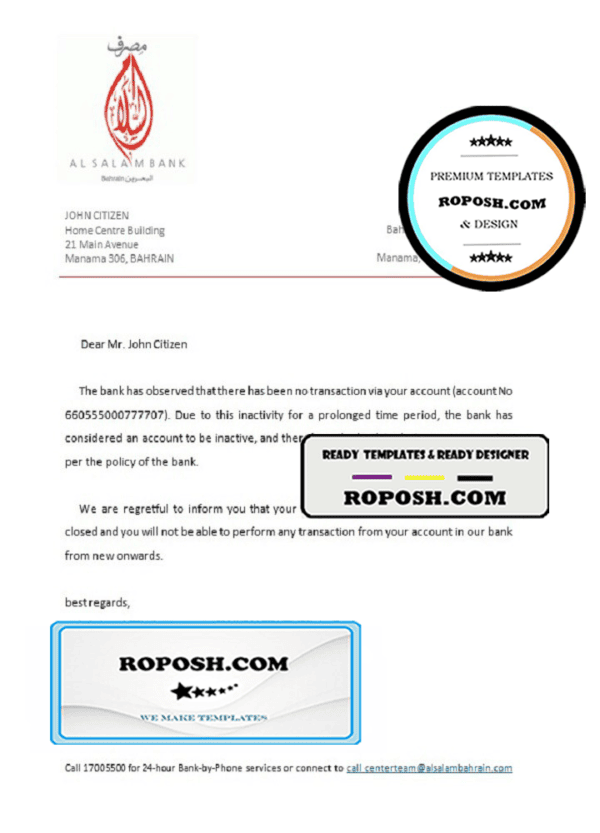 Bahrain Al Salam bank account closure reference letter template in Word and PDF format