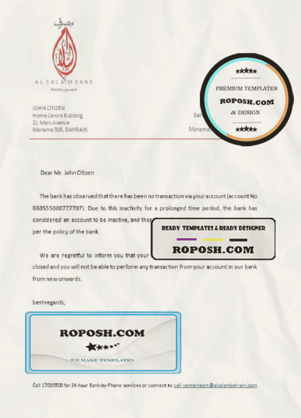 Bahrain Al Salam bank account closure reference letter template in Word and PDF format