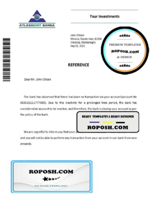Montenegro Atlasmont banka bank account closure reference letter template in Word and PDF format