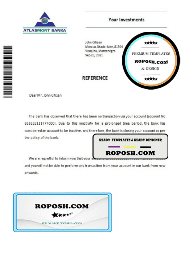 Montenegro Atlasmont banka bank account closure reference letter template in Word and PDF format