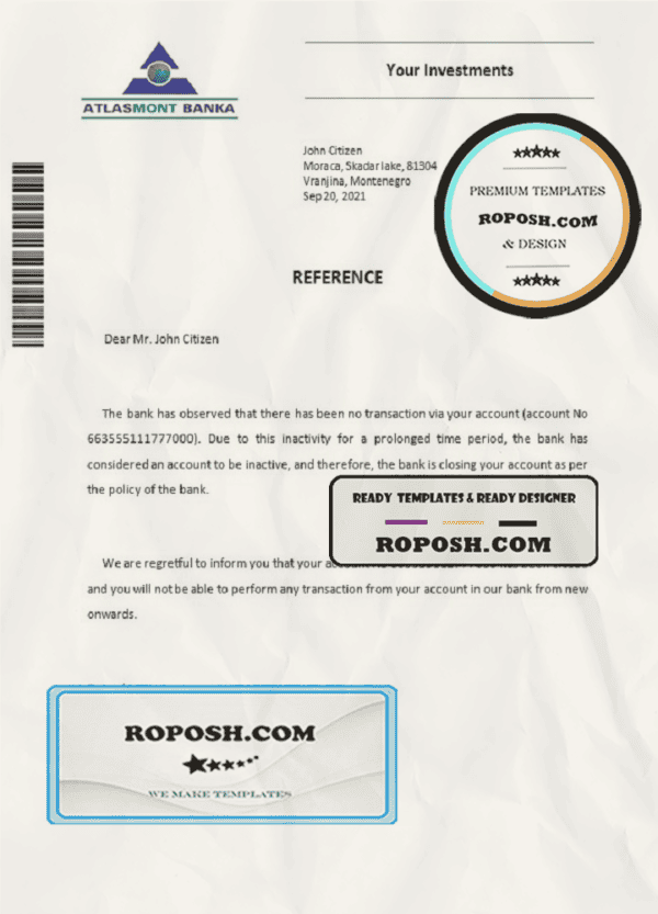 Montenegro Atlasmont banka bank account closure reference letter template in Word and PDF format
