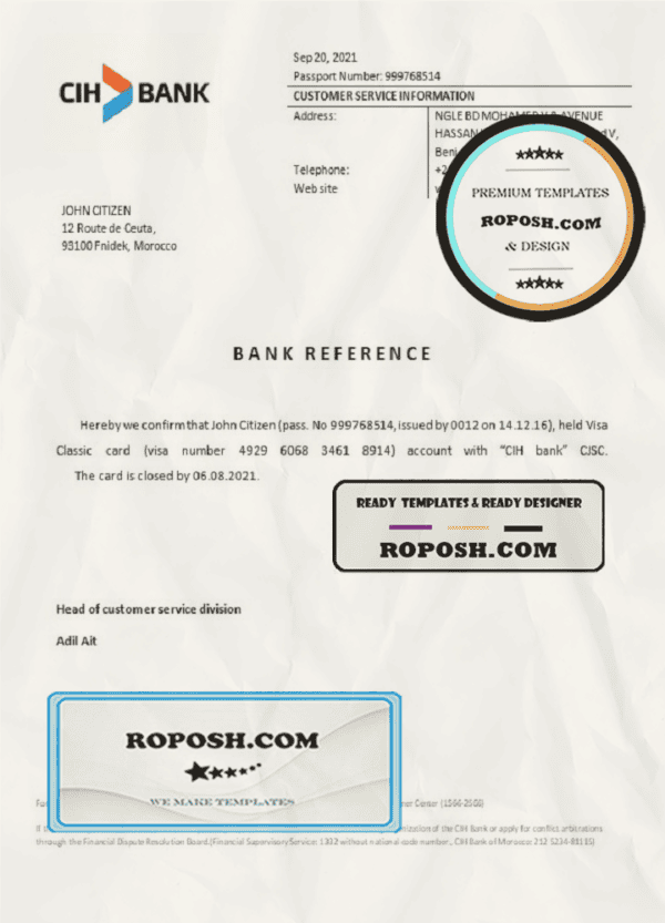 Morocco CIH Bank bank account closure reference letter template in Word and PDF format