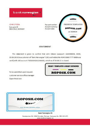 Norway Bank Norwegian bank account closure reference letter template in Word and PDF format