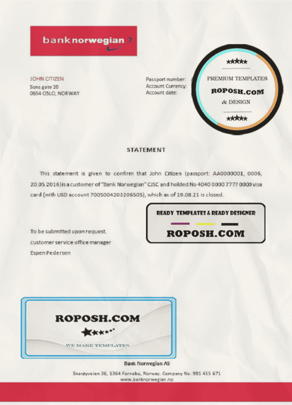 Norway Bank Norwegian bank account closure reference letter template in Word and PDF format