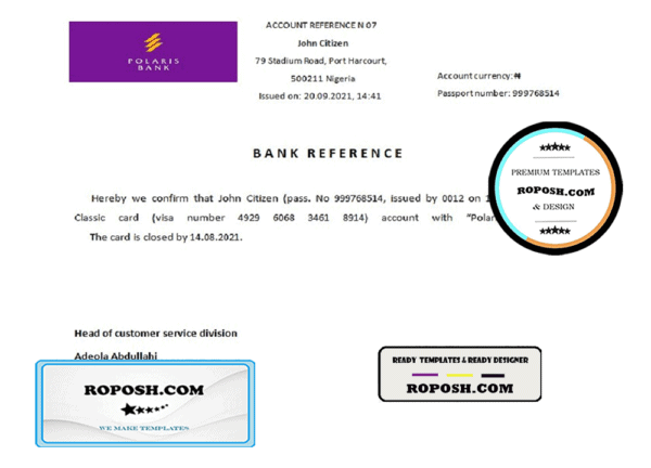 Nigeria Polaris Bank bank account closure reference letter template in Word and PDF format