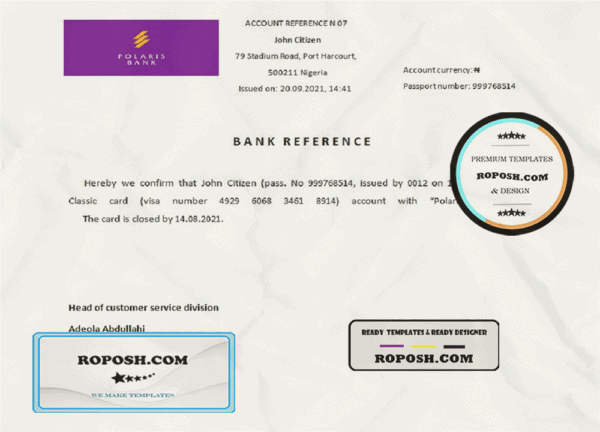 Nigeria Polaris Bank bank account closure reference letter template in Word and PDF format