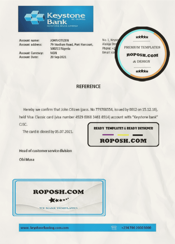 Nigeria Keystone Bank bank account closure reference letter template in Word and PDF format