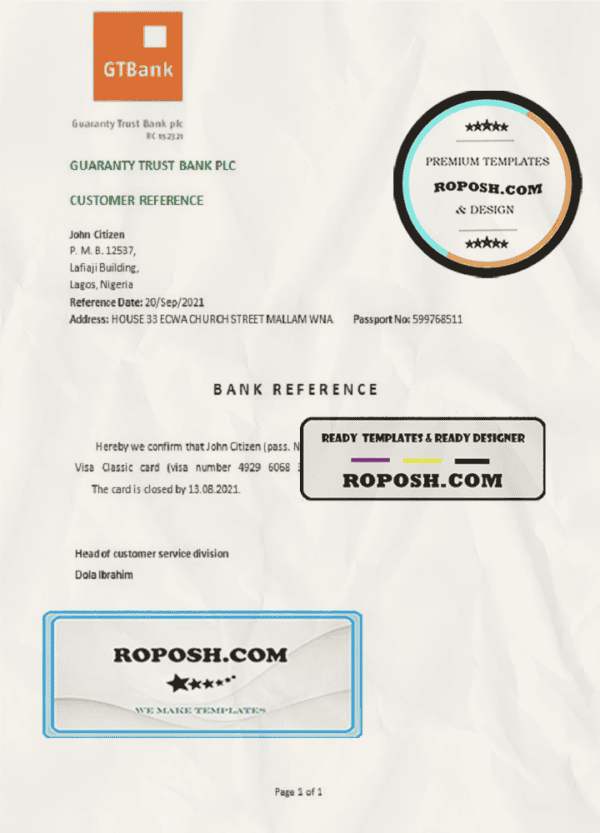 Nigeria GTBank bank account closure reference letter template in Word and PDF format