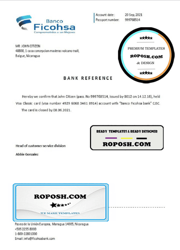 Nicaragua Banco Ficohsa bank account closure reference letter template in Word and PDF format