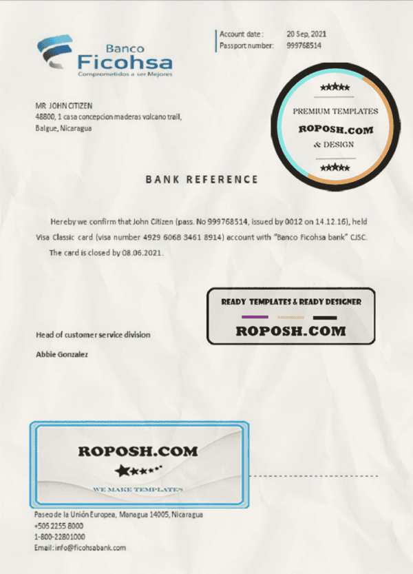 Nicaragua Banco Ficohsa bank account closure reference letter template in Word and PDF format
