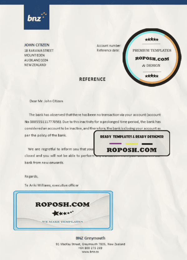 New Zealand BNZ bank account closure reference letter template in Word and PDF format