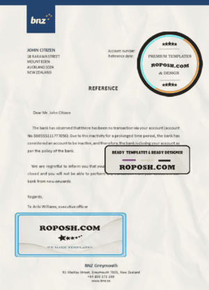 New Zealand BNZ bank account closure reference letter template in Word and PDF format