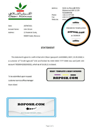 Morocco Credit Agricole bank account closure reference letter template in Word and PDF format
