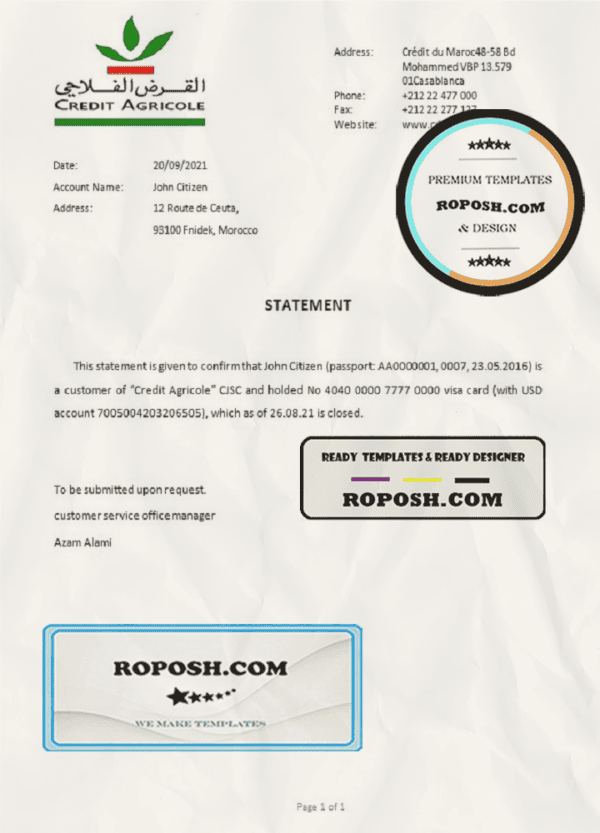 Morocco Credit Agricole bank account closure reference letter template in Word and PDF format