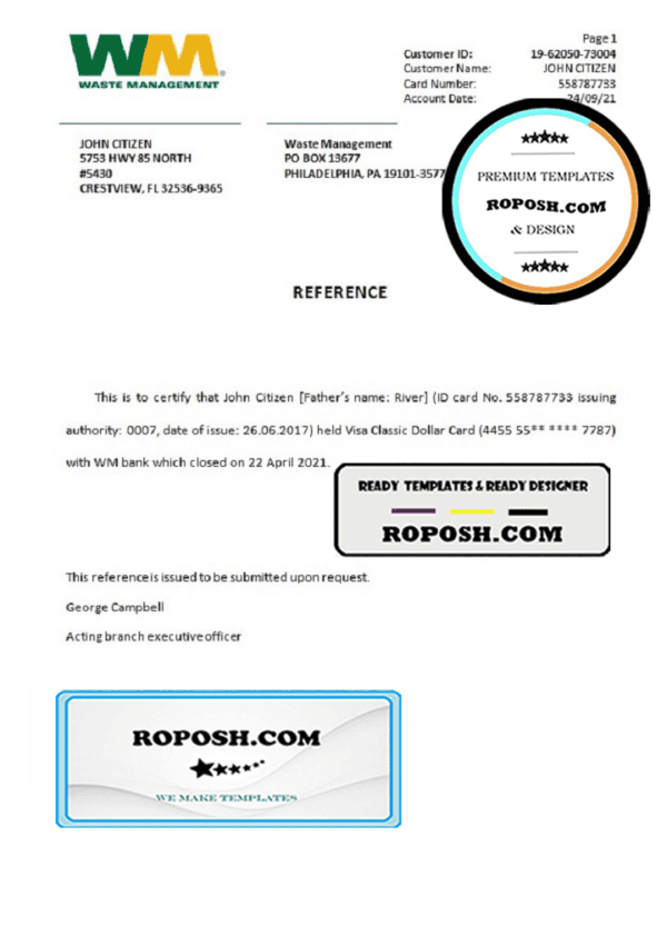 USA WM bank account closure reference letter template in Word and PDF format
