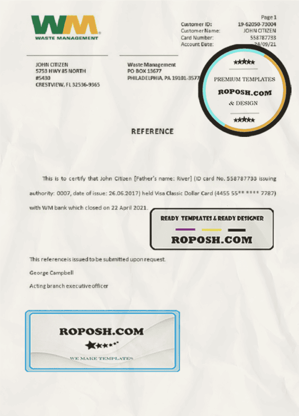 USA WM bank account closure reference letter template in Word and PDF format