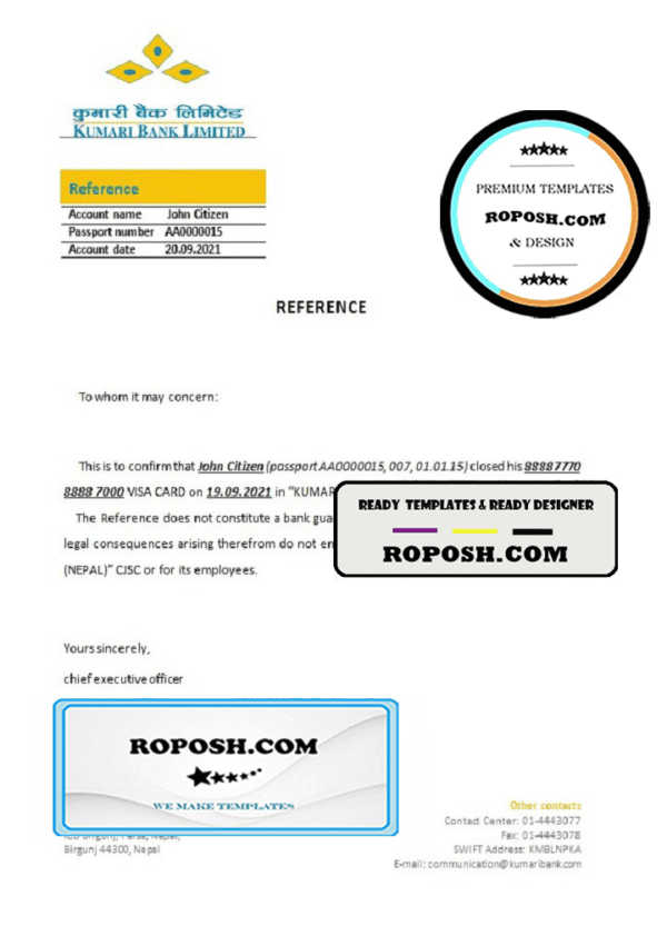 Nepal Kumari Bank bank account closure reference letter template in Word and PDF format