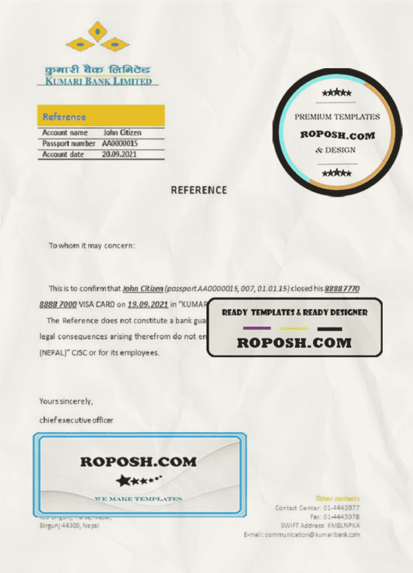 Nepal Kumari Bank bank account closure reference letter template in Word and PDF format