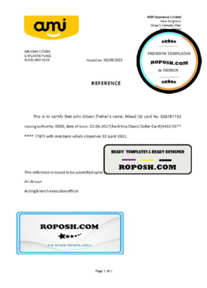 New Zealand Ami bank account closure reference letter template in Word and PDF format