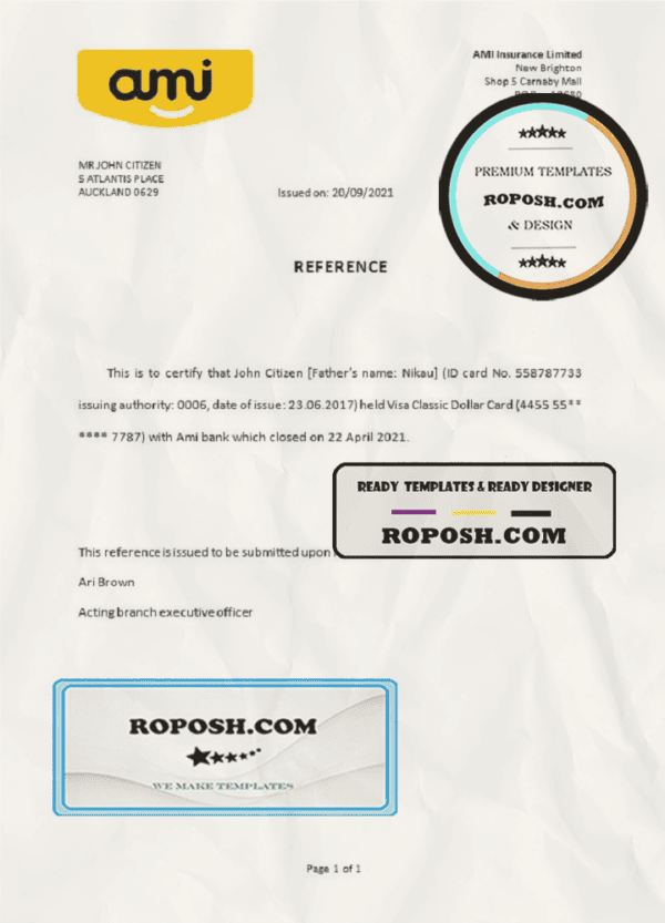 New Zealand Ami bank account closure reference letter template in Word and PDF format