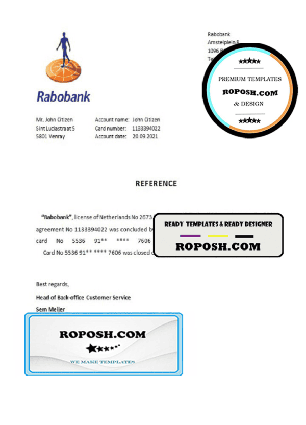 Netherlands Rabobank bank account closure certificate template in Word and PDF format