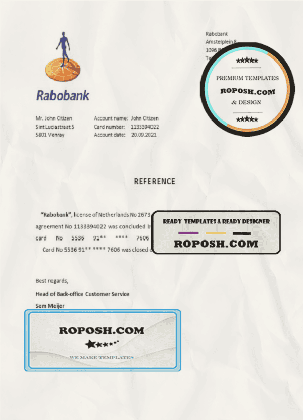 Netherlands Rabobank bank account closure certificate template in Word and PDF format