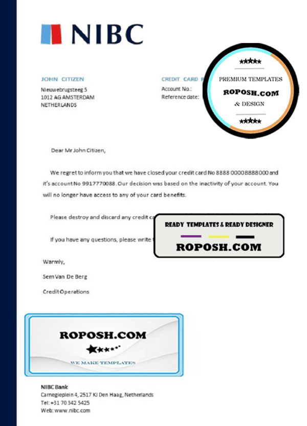 Netherlands NIBC Bank bank account closure certificate template in Word and PDF format