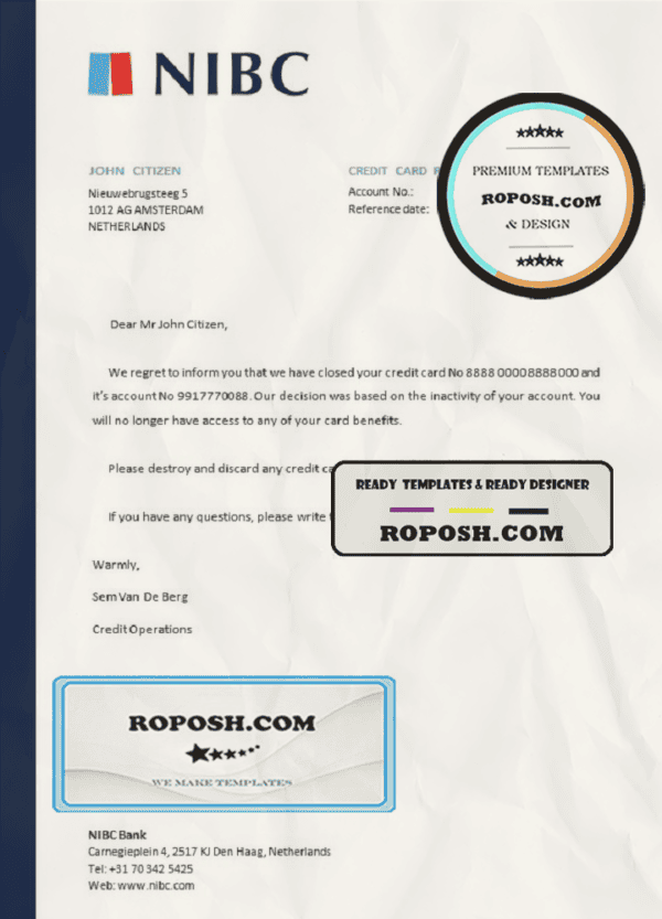 Netherlands NIBC Bank bank account closure certificate template in Word and PDF format