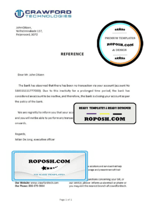 Netherlands Crawford bank account closure certificate template in Word and PDF format