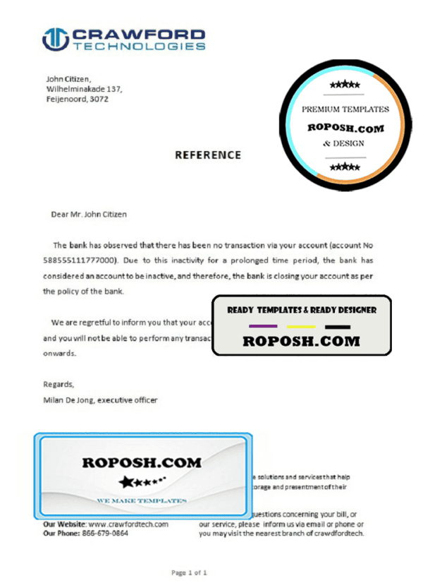 Netherlands Crawford bank account closure certificate template in Word and PDF format