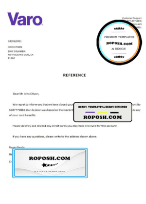 USA Varo bank account closure reference letter template in Word and PDF format