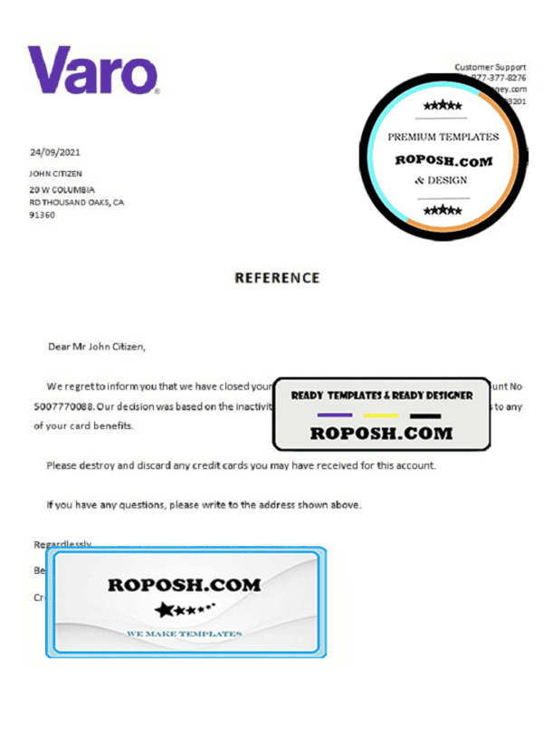 USA Varo bank account closure reference letter template in Word and PDF format