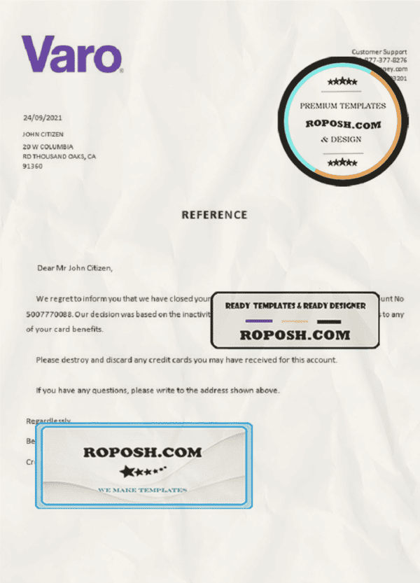 USA Varo bank account closure reference letter template in Word and PDF format
