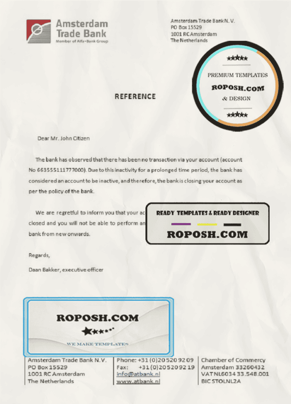 Netherlands Amsterdam Trade Bank account closure certificate template in Word and PDF format