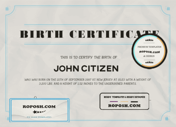 USA Birth Certificate template in Word and PDF format