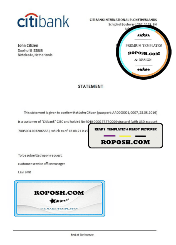Netherlands Citibank account closure certificate template in Word and PDF format