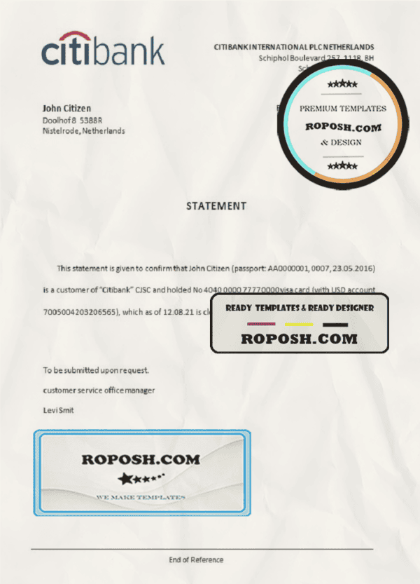 Netherlands Citibank account closure certificate template in Word and PDF format
