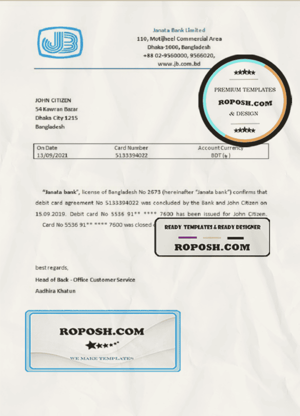 Bangladesh Janata bank account closure reference letter template in Word and PDF format